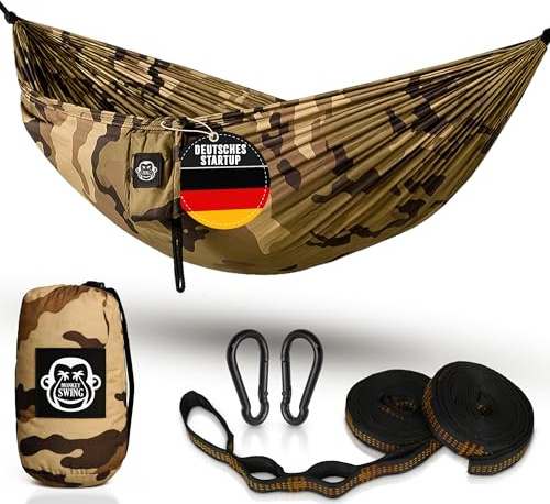Monkey Swing Hängematte Ultraleicht inkl. Karabiner & Schwerlastgurten (bis 300  kg belastbar, 275 x 140 cm) – ideal für Camping, Outdoor, Trekking & als Reisehängematte (Camouflage)