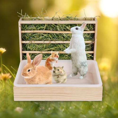 MOGOULUA 2 in 1 Heuraufe Kaninchen Holz Futterspender Heu Kaninchen mit Katzentoilette für Hamster Hölzerner Hasenfutterautomat Heuhaltergestell für kleine Haustiere
