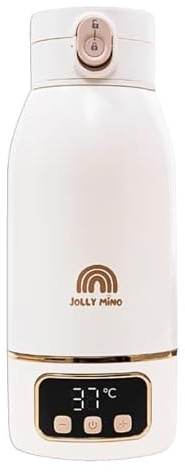 JOLLY MINO Flaschenwärmer für unterwegs – tragbar & kabellos – erwärmt Milch oder Wasser in 3 Min – 500 ml Edelstahl – Schnellladung – perfekt für die Nacht – Selbstreinigung bei 65 °C – Bürste inkl