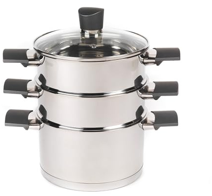 Russell Hobbs RH01170EU Excellence 3-teilig stapelbar Dampfgarer - 18cm-Dampfgarer-Set, Glasdeckel, Kompaktes Induktionspfannen, Großartig zum Zubereiten von Eiern, Fleisch, Chargenkochen, Edelstahl