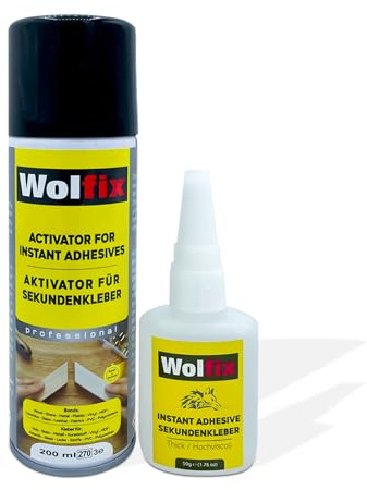 Wolfix Sekundenkleber Extra Stark 50g mit Aktivator Sprühkleber 200ml Spray - Alleskleber Set für Profi Reparaturen - Ideal für Materialien wie Kunststoff, Metall, Holz und Keramik