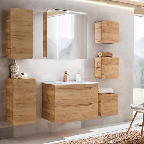 Lomadox Badmöbel Set Eiche, 81 cm Keramk Waschtisch mit Unterschrank, LED-Spiegelschrank, Hängeschrank, Unterschrank, 3 kleine Hängeschränke