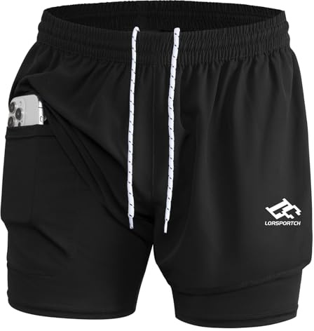 LORSPORTCH Herren Laufshorts 2 in 1 Shorts Gym Athletic Shorts Outdoor Marathon Workout Trainingsshorts Mit Eingebaut Taschen