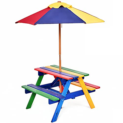 GIANTEX Kindersitzgruppe aus massivem Holz mit Sonnenschirm | Picknick Set für Kinder, 1 Tisch & 2 Bänke, bunt, Gartenmöbel für Garten Balkon Camping
