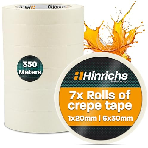 Hinrichs Kreppband 7x - Abklebeband 6 Rollen 50m x 30mm + 1 Rolle 50m x 20mm - Maler Klebeband zum Streichen und Lackieren - Abdeckband für Malerarbeiten - Malerkrepp für Renovierung & Auto