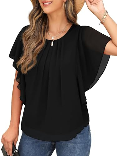 QIXING Chiffon Kurzarm Bluse Damen Sommor Top Damen Elegant Rundhals-Ausschnitt Batwing Sleeve T Shirt Fledermausärmel Tunika