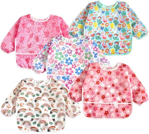 PandaEar 5 Pack Baby Lätzchen mit Ärmeln | Abwaschbar Ärmellätzchen Ganzkörper Lätzchen Baby | Wasserdicht Babylätzchen Latz mit Ärmel für Kleinkinder 6-24 Monate