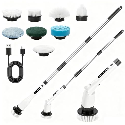 Elektrische Reinigungsbürste, Electric Cleaning Brush mit 8 austauschbaren Bohrbürstenköpfen, 3 Winkel verstellbar, Elektrische Putzbürste mit Verstellbarem Griff für Bad Küche Auto Fußboden