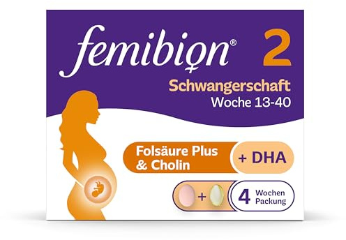 Femibion 2 Schwangerschaft, Tägliches Nahrungsergänzungsmittel für SSW 13-40, Mit Folsäure Plus(*3), Cholin, DHA, 4-Wochen-Pack, 2x 28 Stück