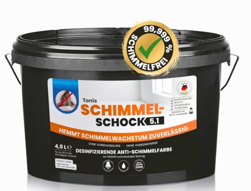 Tonis SCHIMMELSCHOCK Anti-Schimmel-Farbe 4,5 Liter Wandfarbe | Effektive, zuverlässige Sofortwirkung, desinfizierende Wandfarbe für ca. 18 m² | 99,999% antimikrobielle Wirkung [weiss]