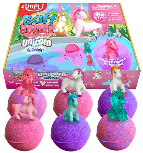 Zimpli Kids 6 große Einhorn Überraschungs-Badebomben, 6 Überraschungs-Einhorn-Spielzeuge im Inneren! Kindergeburtstagsgeschenke, Badespielzeug für Jungen und Mädchen