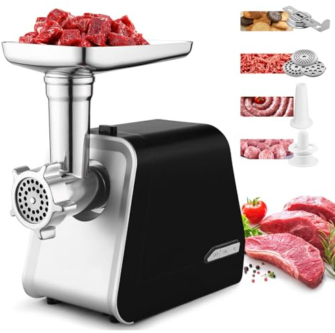 2000W Profi Fleischwolf Elektrisch mit Wurstfüller & Keksaufsatz | Wurstmaschine Fleischmaschine mit 3 Lochscheiben für Hackfleisch, Mett & Spritzgebäck und Kibbe-Aufsätzen für die heimische Küche