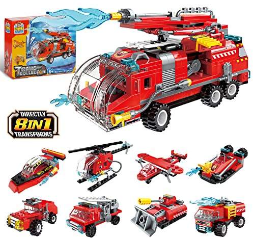 City Fire Truck Building Kit für Kinder von 6–12 Jahren, kompatibel mit Lego City Fire Truck 8-in-1- Klemmbausteine Baustein, Helicopter Toys Building Sets (313 PCS)