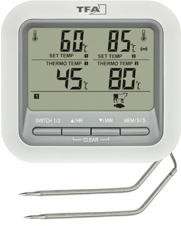 TFA Dostmann Digitales Grill-Thermometer Bratenthermometer, 14.1516, mit 2 Edelstahlsonden, Fleischthermometer für Backofen und Grill, bis 300°C, mit Alarmfunktion, Rind/Schwein/Hühnchen/Fisch, weiß