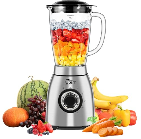 Uten Standmixer 1800W, 2L Lebensmittelechter Glasbehälter, 6‑Klingen‑Edelstahlmesser, 5 Geschwindigkeiten + Pulse, Edelstahlgehäuse, Hochleistungsmixer für Smoothies & Kaffeemahlen