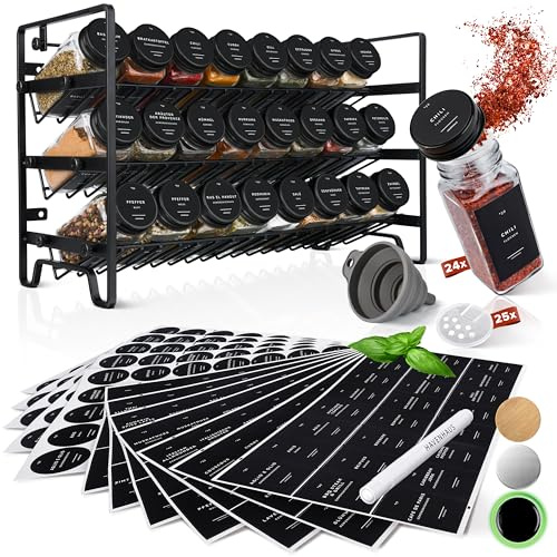 Havenhaus Gewürzregal Set | Stehend oder Wandmontage | 24 Gewürzgläser eckig [120ml] + 336 Gewürzetiketten deutsch & Accessoires | Gewürzstreuer Modernes Design | Gewürzbehälter, Gewürz Organizer