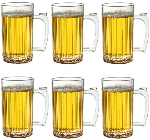 ADESUGATA 6-teiliges Bierkrug-Set, Kunststoff, transparenter Bierkrug mit Griff, gekühlter Bierkrug, 600 ml, Biertrinkbecher, Bar, Getränk, Kaffee
