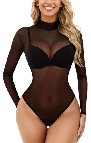 letcdfer Damen Body,Body Damen Langarm,Sexy Sheer Mesh Langarm,Body Schwarz | Durchsichtiger Netzstoff-Bodysuit für Damen,Tops Unterziehbody Langarmbody für Frauen