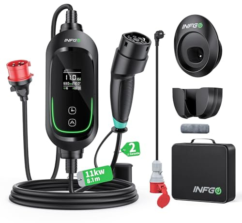 INFGO Mobile Wallbox 11kW [3-phasig, 8,1m, 6-16A], EV Charger mit Einstellbarer Ladeleistung & Timer-Funktion, Typ 2 Ladekabel CEE Stecker für Model Y/3, ID.3, i4, EQB, e-tron usw., Schwarz