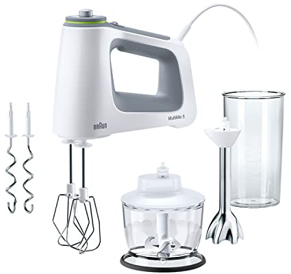 Braun MultiMix 5 HM 5137 Handmixer – Handrührgerät mit stufenloser Geschwindigkeitsregelung, inkl. Schneebesen, Knethaken, Pürierstab, Zerkleinerer und 600 ml Mix- und Messbecher, 750 Watt, weiß