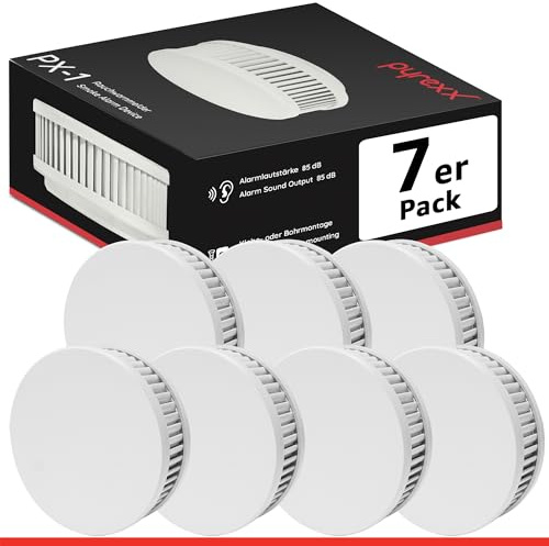 Pyrexx PX-1 Rauchwarnmelder - 7 Stück - 10 Jahre Batterie mit Magnet-Halterung ohne Bohren und LED-Blinken, Zertifiziert nach Q-Label, Weiß