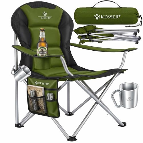 KESSER® Campingstuhl faltbar bis 150 kg Angelstuhl Faltstuhl Klappstuhl Gepolstert mit Armlehnen, hohe Rückenlehne Strandstuhl, Klapphocker inkl. Getränkehalter Tasche & Becher Khaki