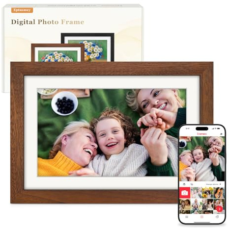 Frameo Digitaler Bilderrahmen WLAN 10.1 Zoll Walnussholz Elektronischer Bilderrahmen mit 32GB, 1280 * 800 HD IPS Touchscreen, Fotos/Videos Teilen über Frameo APP, Geschenk für Männer und Frauen