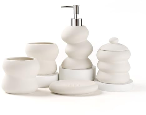 ANTIS'S HOME Keramik Badezimmer Set 5-teilig – Beige, Unregelmäßige Form, Minimalistisches Bad-Accessoires Set mit Seifenspender, Zahnputzbecher, Seifenschale & Wattestäbchenbehälter für modernes Bad