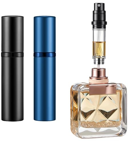 Vinuwu Nachfüllbarer Parfümzerstäuber, 5 ml, Mini-Reise-Aftershave-Spender, kleine Parfüm-Sprühflasche, Taschengröße, Bodenfüllung, Parfümspender für Damen und Herren (Schwarz + Blau, 2 Stück)
