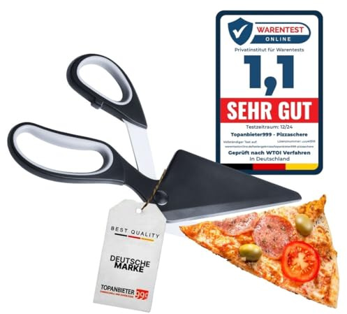 TOPANBIETER 999 Pizzaschere mit Heber Funktion – 2in1 Pizzaschneider & Servierhilfe, japanische Edelstahl-Klingen & Soft-Touch Griff, Multifunktionale Küchenschere, 27,2 cm spülmaschinengeeignet