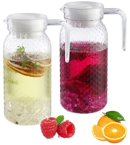 2 Stück 1 Liter Wasserkaraffe mit Deckel, transparente Saftkanne Deckel aus Kunststoff, Acryl-Wasserflasche, geeignet für Limonade, Eistee, Milchsaft