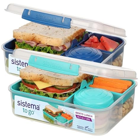 Sistema TO GO Bento-Box Cubes | 1,65 L | Brotdose für Pause mit Fächern und Snackbox | BPA-frei | 2 Stück | Minty Teal & Ocean Blue