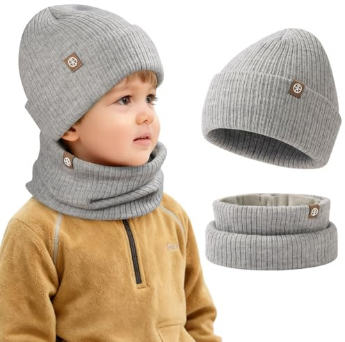 AOOSA Mütze und Schal Set Kinder, Beanie Kinder und Loop Schal Set | Wintermütze Beanie & Schlauchschal, Strickmütze Warme Knit Skull Cap Unisex Jungen Mädchen 2-8 Jahre für Ski Fahrrad Outdoor