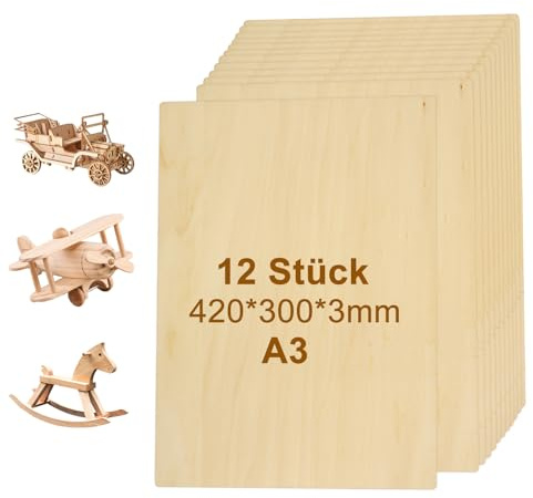 Sperrholzplatte 3mm/2mm - 10-20 Stück Sperrholzplatte 2-3mm, A3-A5 Sperrholz, Sperrholz Holzplatte, Laserbearbeitung Speziell, Geeignet für DIY-Holzarbeit, Modellierung, Malerei (A3-3mm-12pcs)