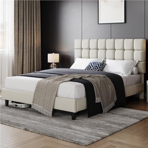 Yaheetech Polsterbett 160 x 200 cm Doppelbett mit Höhenverstellbarem Kopfteil, Stabiler Bettrahmen Stoffbett mit Lattenrost, Gepolstertes Bettgestell Bett, Beige