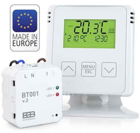 ELEKTROBOCK BT731 Funk-Raumthermostat mit Empfänger - Standfuß - Reichweite bis 35 m - Für elektrische Heizung und Infrarotheizung - Wochenprogramme und Frostschutz, Weiß