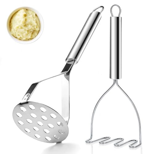 ReaNea Kartoffelstampfer Set, 2-teilig – Edelstahl Küchenstampfer mit 2 Köpfen (Draht & perforierte Platte), spülmaschinengeeignet, leicht zu reinigen – Für Kartoffelpüree, Gemüse & Avocado