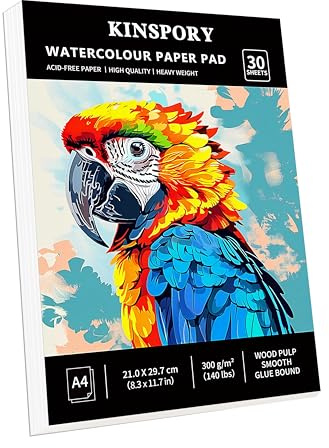 KINSPORY Aquarellpapier A4 mit 30 Blatt - 300gsm Aquarellblock, kaltgepresstes Textur-Aquarellpapier, Skizzenbuch, Wasserfarben Papier für Malerei, Zeichnung, Skizzen und Mischtechnik - 21 x 29,7 cm