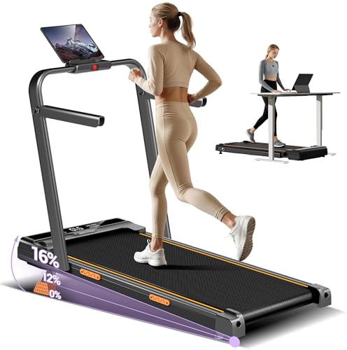 LONTEK Walking Pad Klappbar mit Steigung 10KM/H, 16% Laufband für Zuhause Klappbar mit Steigung, LED Anzeige, Fernbedienun, Laufbänder mit Handläufen, 3.0 CV Treadmill for Home, Belastung 136KG