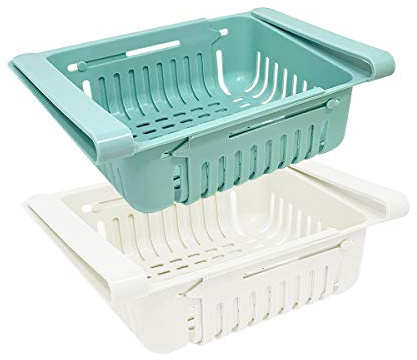 joeji's Kitchen Satz mit 2 Kühlschrank Schubladen als Kühlschrank Organizer/Kunststoff Kühlschrank Aufbewahrungsbox/Ausziehbare Fridge Organizer (blau, weiß)