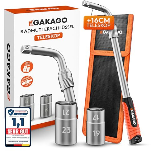 Gakago Teleskop Radmuttern-Schlüssel Set mit 17/19mm & 21/23mm Steckschlüssel-Einsatz 1/2 Zoll - Extra langer ausziehbarer Radschlüssel - Praktische Aufbewahrungstasche mit Klett und Aufhängeöse