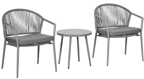 Outsunny 3-tlg. Rattan Bistroset mit 2 Gartensesseln, Couchtisch, Grau | Sitzgruppe, Gartengarnitur, Balkonmöbel-Set für Garten, Terrasse, Stahl