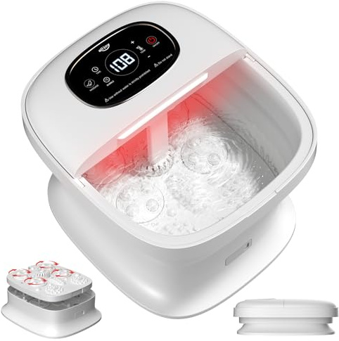 ALLJOY Fussbad mit Massagefunktion, Fußbad mit Hitze Blase, Fußsprudelbad mit 24 Heizstufen, Klappbares Fußbad Massagegerät Fussbadewanne Automatische Shiatsu-Massagerollen, Rotes Licht