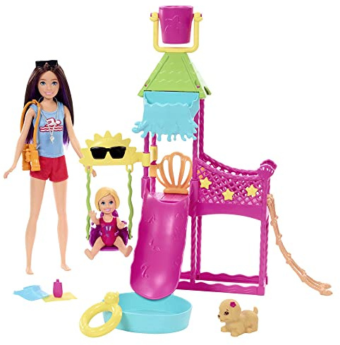 Barbie Skipper Erste Jobs Puppe und Accessoires - Erste Arbeitswelterfahrung im Wasserpark mit echter Wasserrutsche, Zubehörteile, für Kinder ab 3 Jahren, HKD80