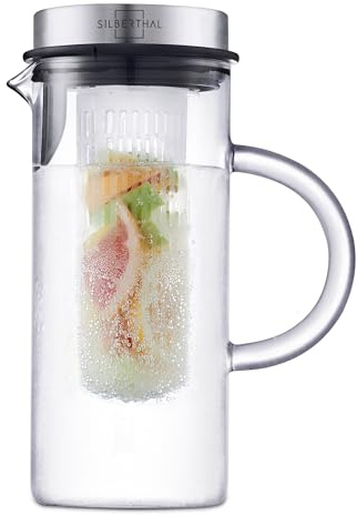 SILBERTHAL Glaskaraffe mit Deckel - 1 Liter Karaffe mit Fruchtsieb- Spülmaschinenfest & Hitzebeständig