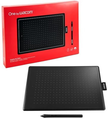 One by Wacom Stifttablett mit drucksensitivem Stift, geeignet für Windows, Mac & Chromebook, Medium, schwarz/rot