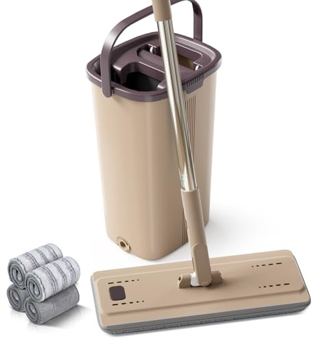 Masthome Wischmopp Set mit Eimer,2 In 1 Putzeimer mit Wischmop,Flacher Bodenwischer mit Mikrofaser Pad Hand-Frei Mopp Set und Eimer für Hartholz,4L