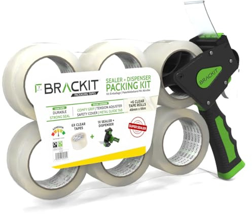 brackit Transparentes Verpackungsband mit Spender, 48 mm x 66 m, Packung mit 6 Rollen – Starkes, strapazierfähiges Packband für regelmäßigen Gebrauch oder Umzug – Versiegelt einfach Ihre Pakete und