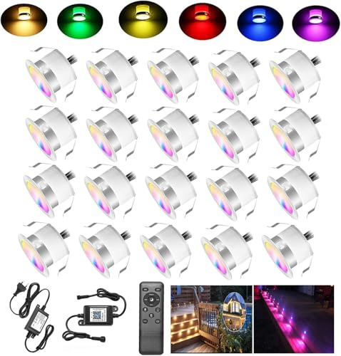 FVTLED 20er WIFI RGBWW LED Bodeneinbaustrahler Aussen Arbeitet mit Alexa,WiFi Wireless Smart Phone,LED Bodenleuchten Bodenstrahler DC12V Ø31mm 0.6W LED Terassenbeleuchtungen Led Spot 12V