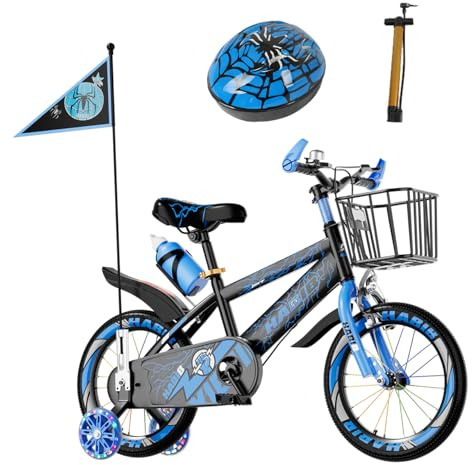 Habib Kinderfahrrad Jungenfahrrad 16 Zoll ab 3 Jahre – mit LED Stützrädern, Korb, Klingel & GRATIS Helm & Pumpe, Vorderradbremse (Blau)